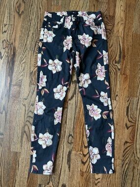 Navy Floral Skinny Pants with Cream & Pink Flowers